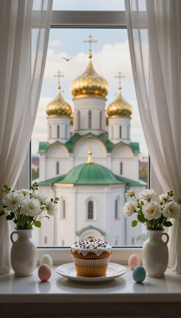 Кулич на подоконнике у окна с видом на храм