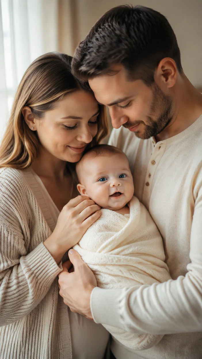 Фотосессия родителей с новорождённым у груди
