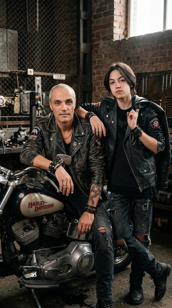 Фотореалистичная рок-н-ролл lifestyle-фотосессия в стиле biker отец с сыном 