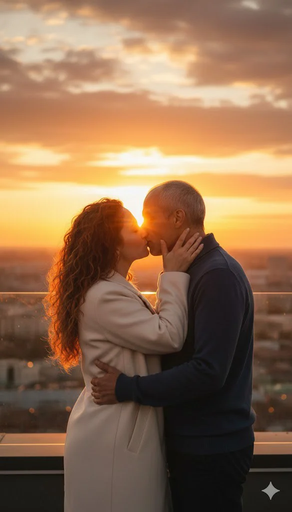 Поцелуй над городом на закате