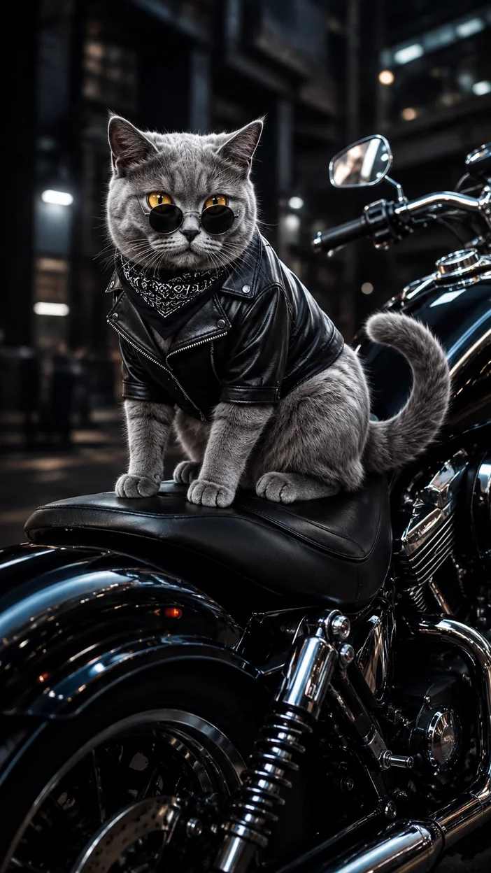 Фотосессия кошки на стильном мотоцикле