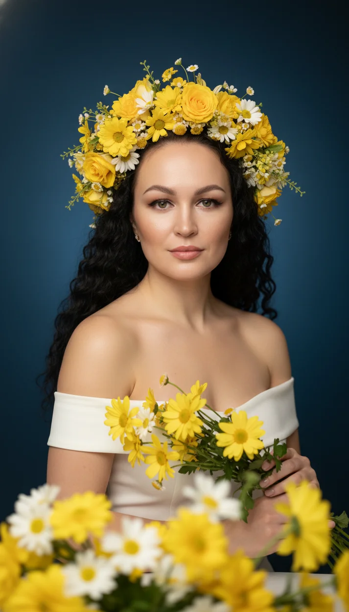 Студийная портретная фотосессия в яркой цветочной эстетике