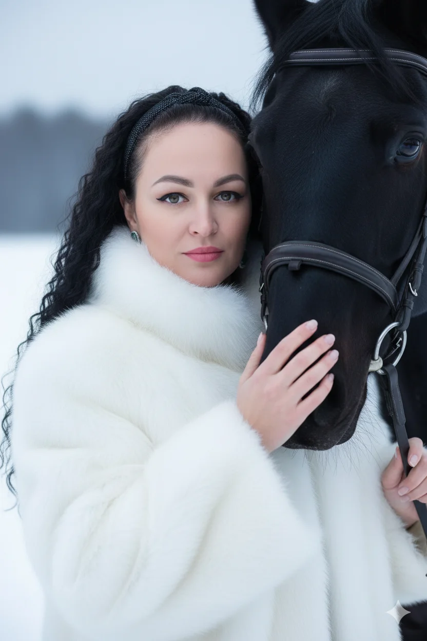 Женщина в белой меховой шубе стоит рядом с чёрной лошадью