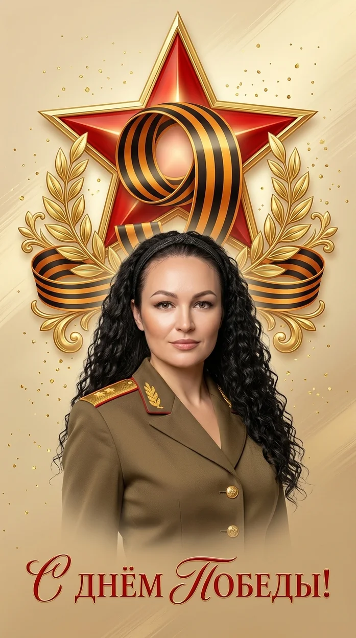 Открытка ко Дню Победы в ярком декоративном стиле с золотыми элементами.