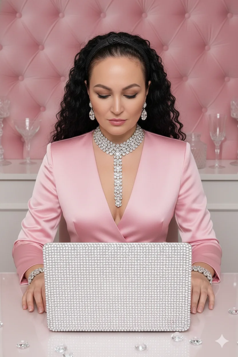 Женщина в розовом атласном жакете за столом в роскошном будуаре