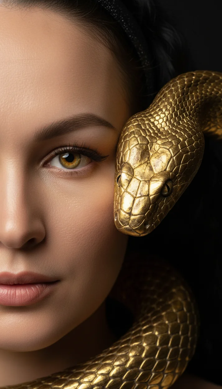 Экстремальный крупный план лица женщины и головы золотой змеи