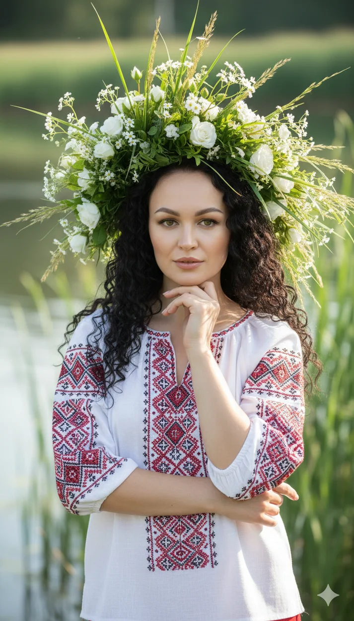 Женщина у воды в вышитой блузе с венком из трав