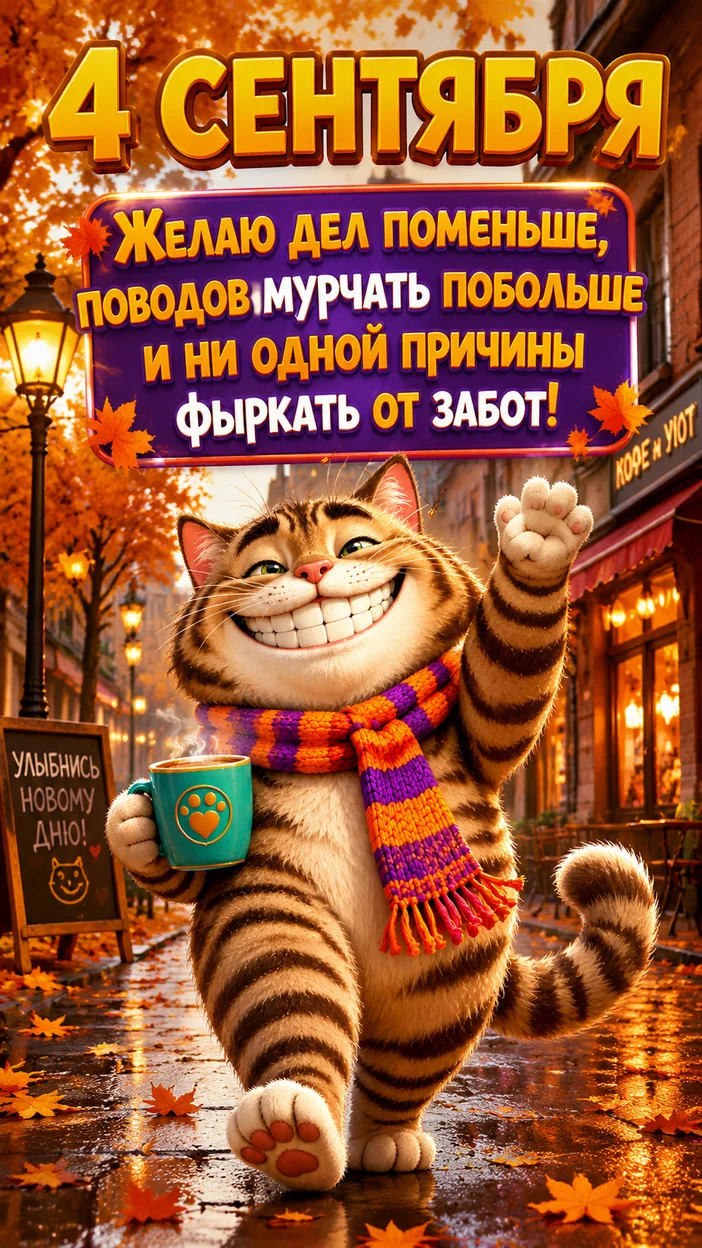 Открытка на 4 сентября с пожеланиями от кота Фазилио