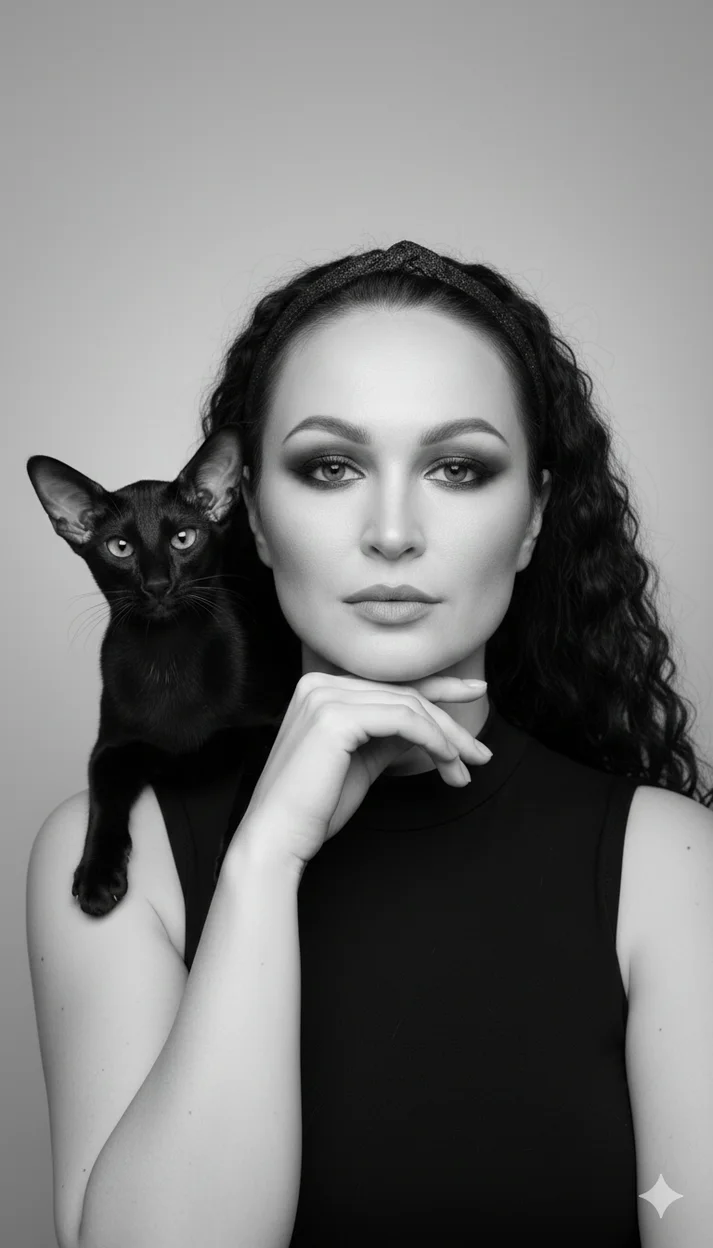 Девушка в чёрном топе в студии с кошкой на плече