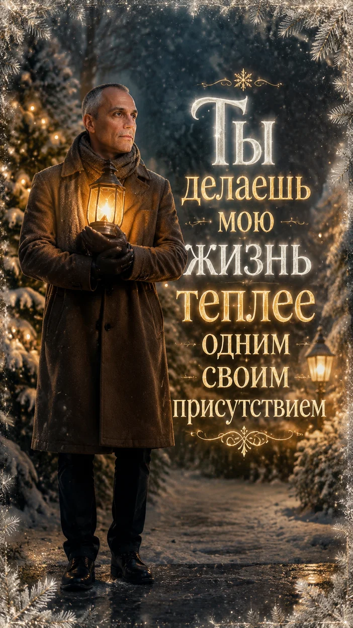  фотооткрытка с текстом "Ты делаешь мою жизнь теплее одним своим присутствием"   мужчина в зимнем саду с фонарём