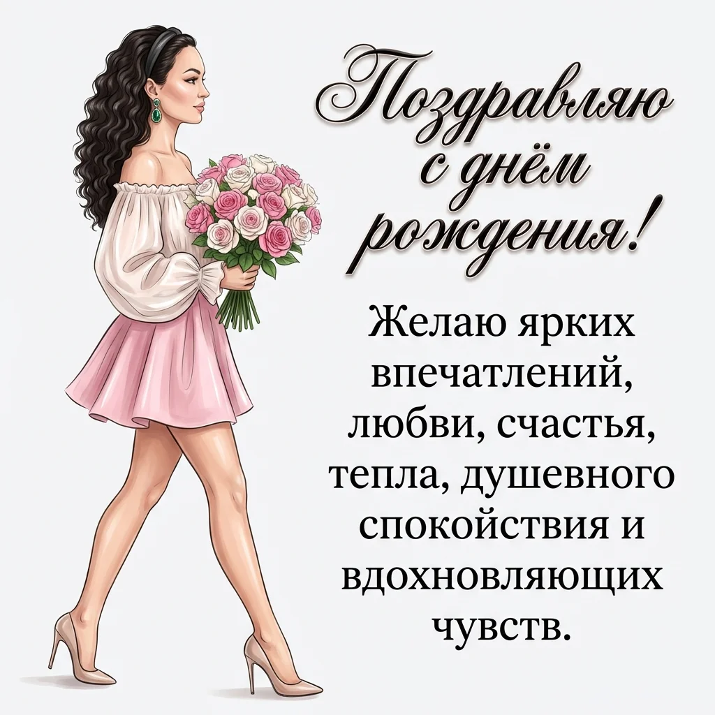 Поздравляю с днём рождения — девушка с букетом роз открытка 