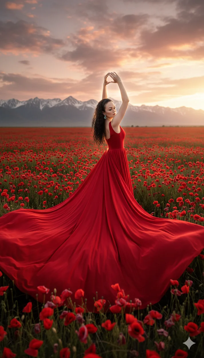 Женщина в алом платье с длинным шлейфом в поле маков