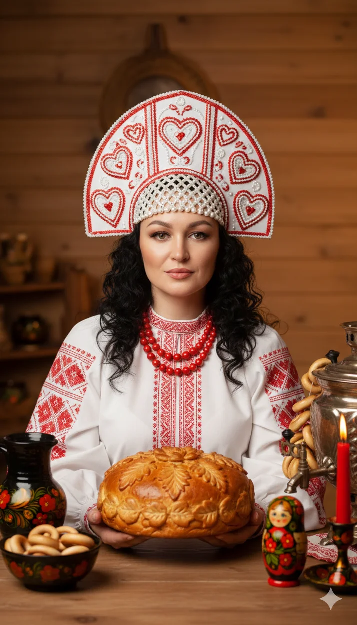 Девушка в русском народном костюме за столом с караваем
