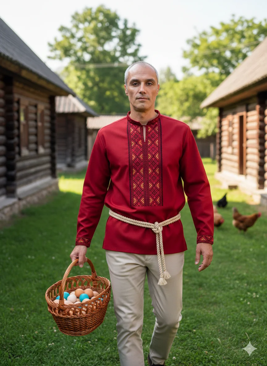 Мужчина в красной вышиванке с корзиной яиц 
