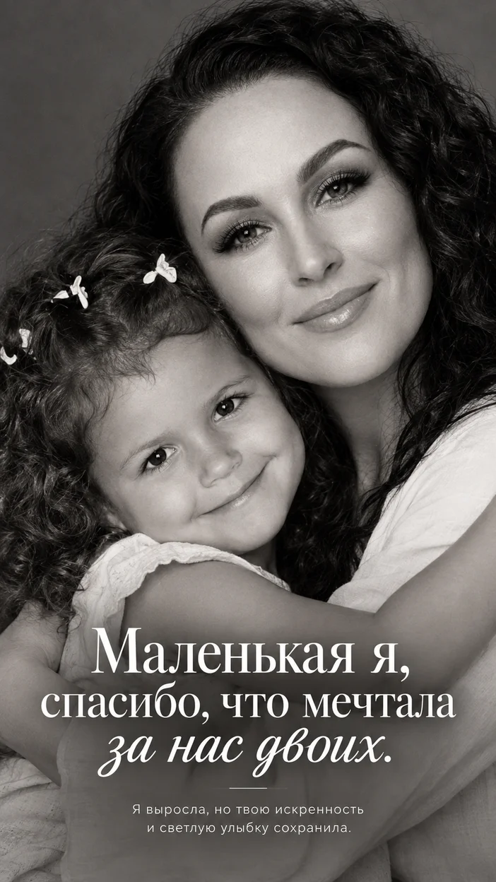 Фотосессия чёрно‑белая открытка «Маленькая я, спасибо, что мечтала за нас двоих» — взрослaя и детская версии одной девушки в объятиях 
