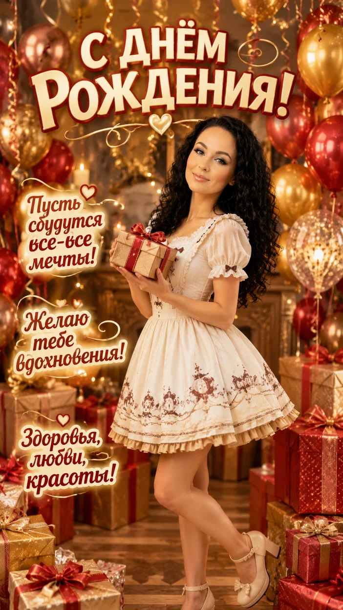 Фотосессия девушки в аниме-стиле с подарком  - Открытка с пожеланием на ДР
