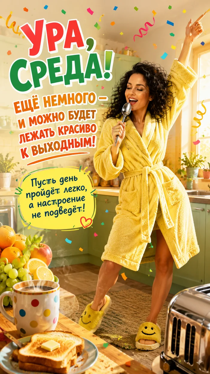 Фотооткрытка для коллег с пожеланием "УРА, СРЕДА! ЕЩЁ НЕМНОГО — И МОЖНО БУДЕТ ЛЕЖАТЬ КРАСИВО К ВЫХОДНЫМ!"