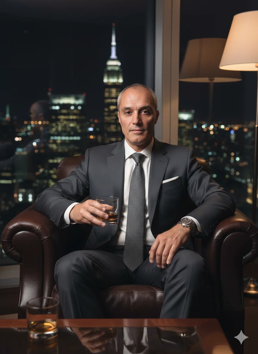 Мужчина в тёмном костюме сидит в кожаном кресле с виски на фоне ночного города