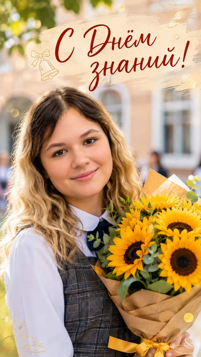 Фотооткрытка девочке с надписью «С Днём знаний!»