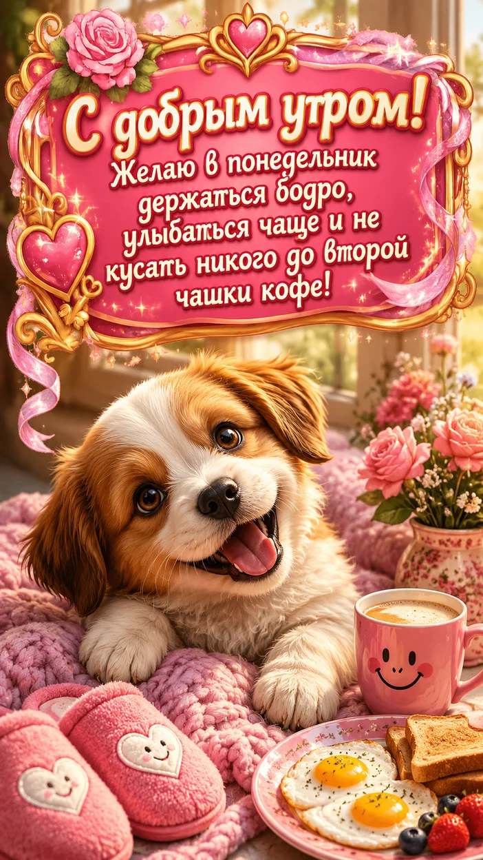 Фотооткрытка «С добрым утром! Желаю в понедельник держаться бодро, улыбаться чаще и не кусать никого до второй чашки кофе!»