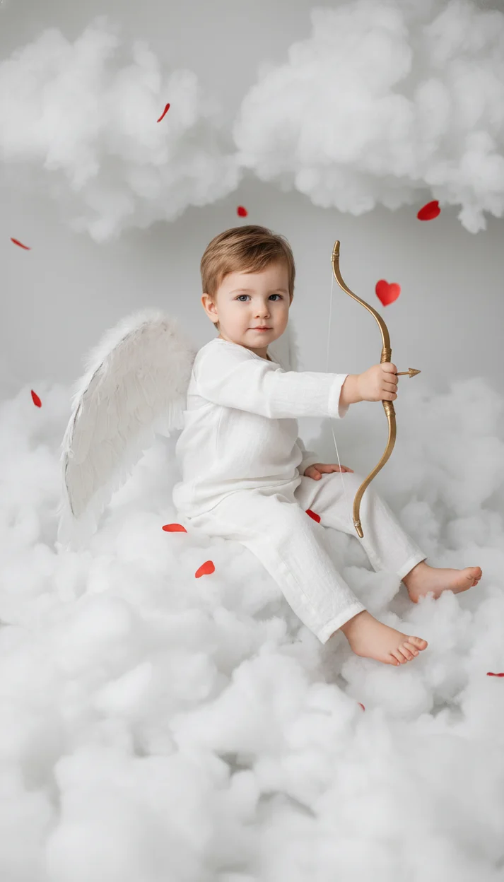 Сказочная фотосессия маленького купидона среди облаков и лепестков сердец