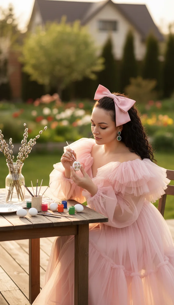  Девушка, расписывающая пасхальное яйцо на террасе