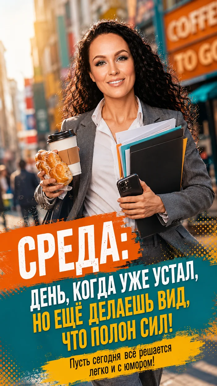 Фотооткрытка для всех с текстом "СРЕДА: ДЕНЬ, КОГДА УЖЕ УСТАЛ, НО ЕЩЁ ДЕЛАЕШЬ ВИД, ЧТО ПОЛОН СИЛ!"
