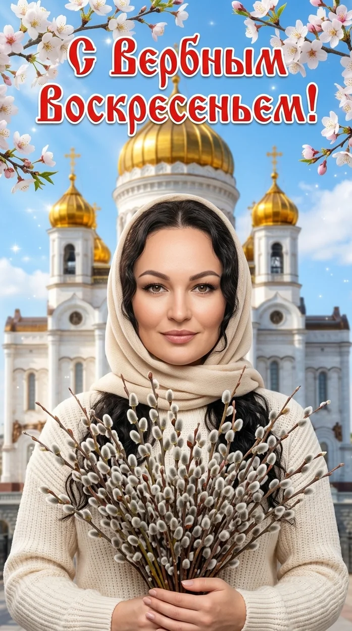  Открытка С Вербным Воскресеньем с храмом и веточками вербы