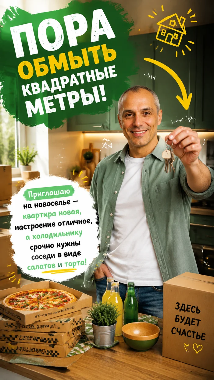 Фотооткрытка для мужчины с приглашением «Пора обмыть квадратные метры!»