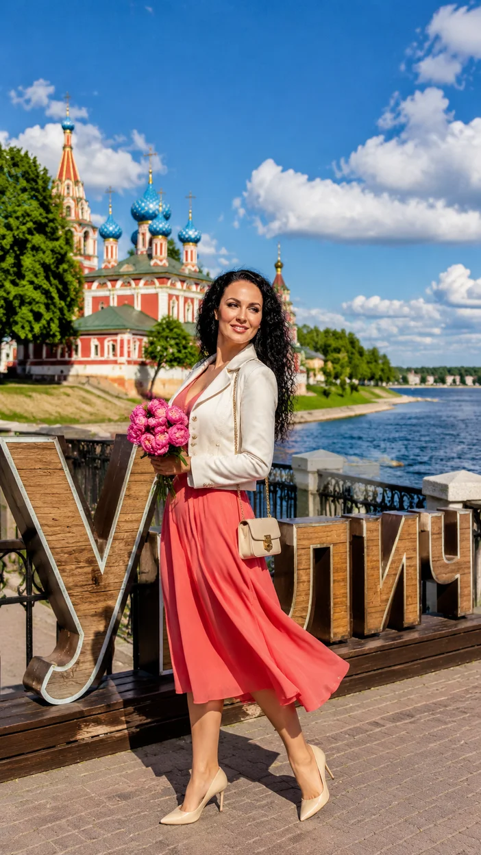 Фотосессия девушки в коралловом платье в Угличе