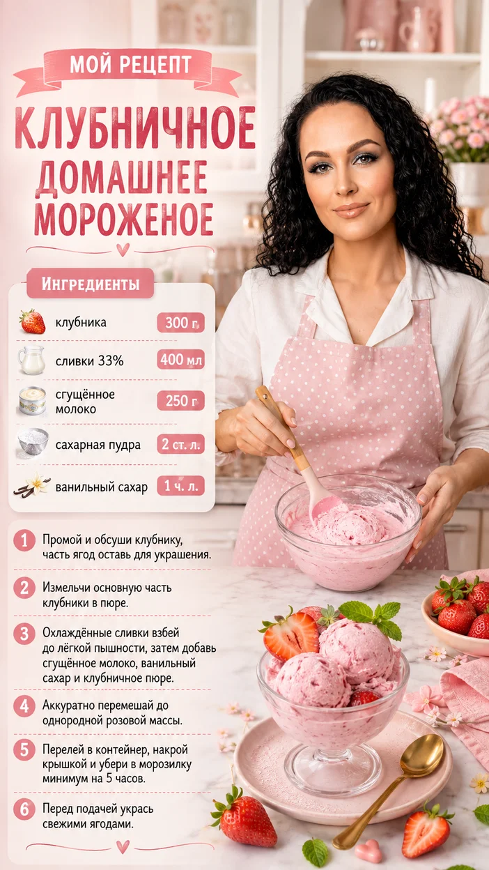 Фотосессия клубничного домашнего мороженого