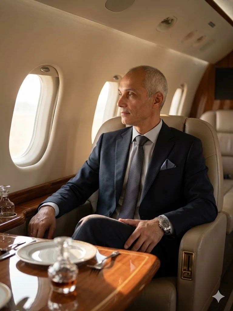 Мужчина в классическом костюме сидит в кресле частного самолёта у иллюминатора