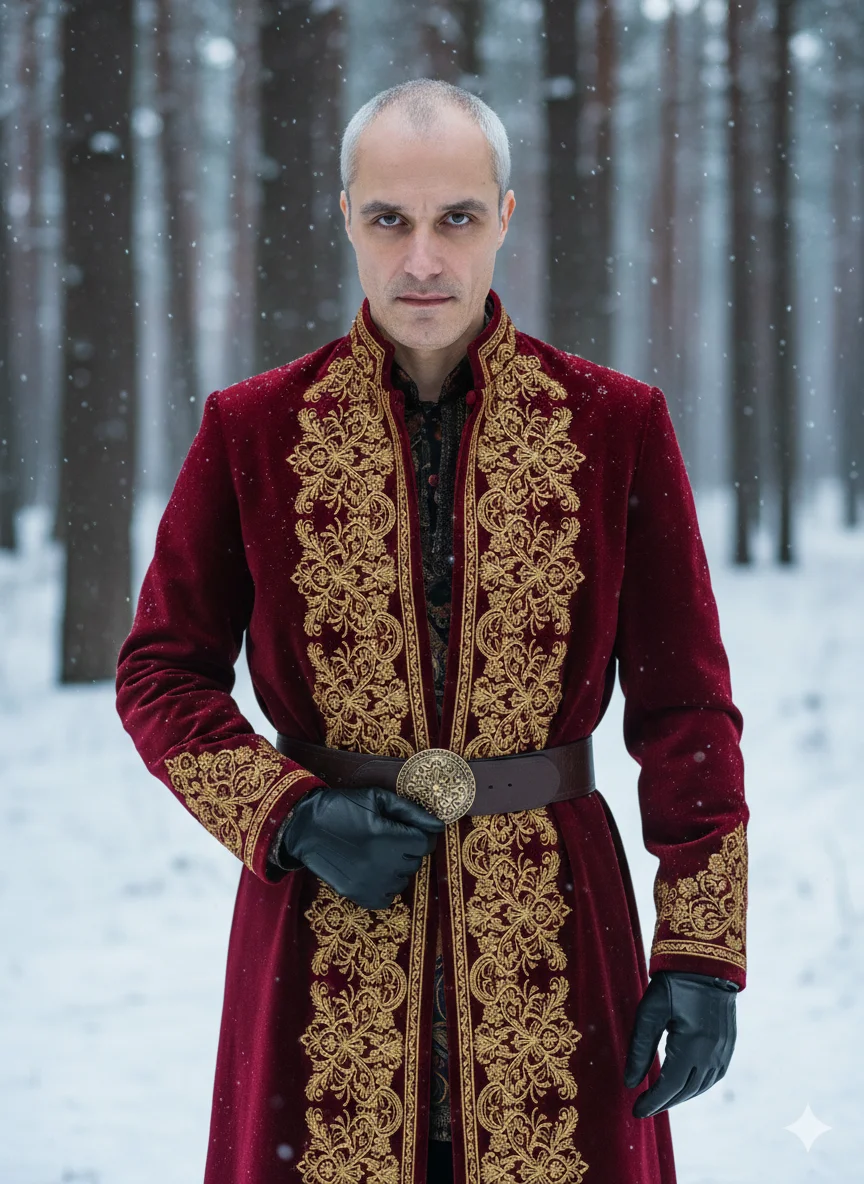 Мужчина в красном расшитом кафтане в зимнем лесу