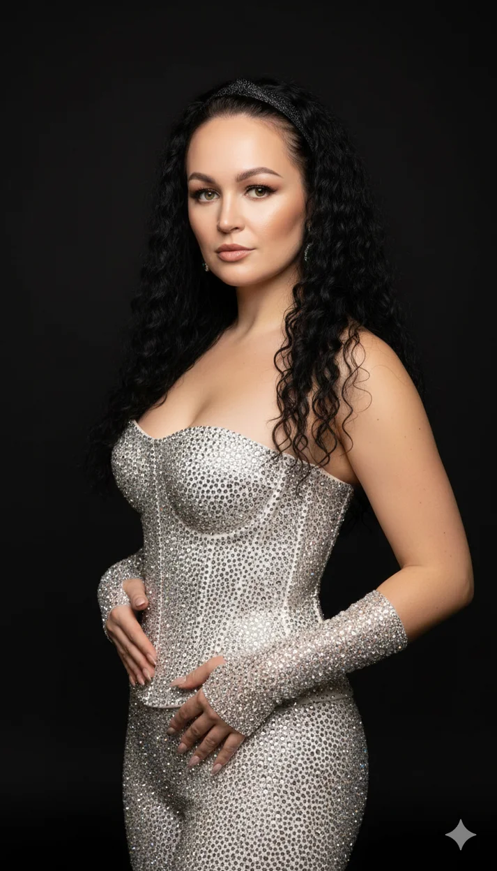 девушка стоит в элегантной позе