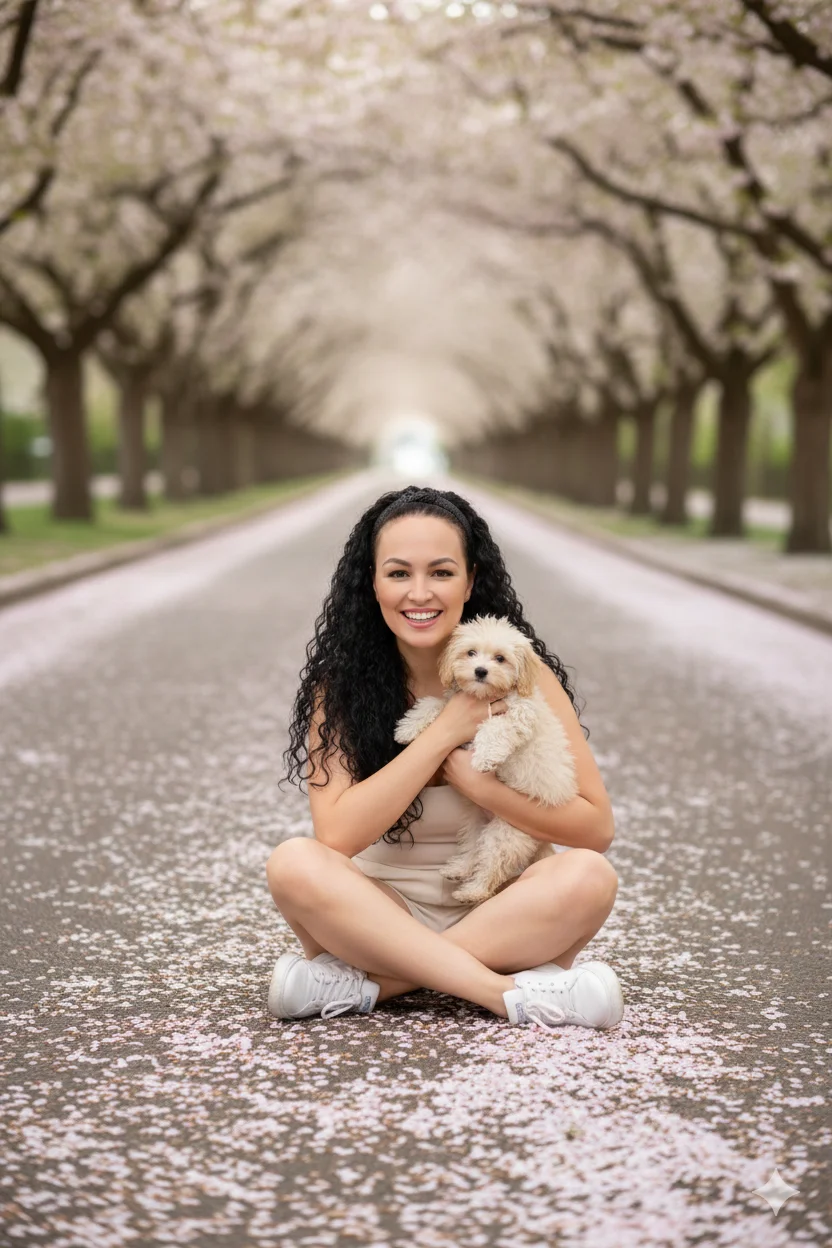 Женщина сидит на дороге среди цветущих деревьев с щенком на руках