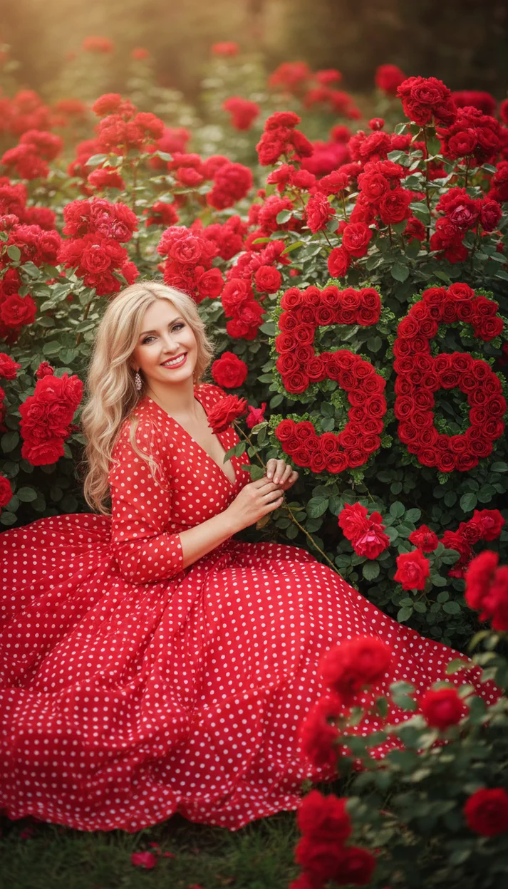  56 лет — фотосессия среди красных роз с цветочной цифрой