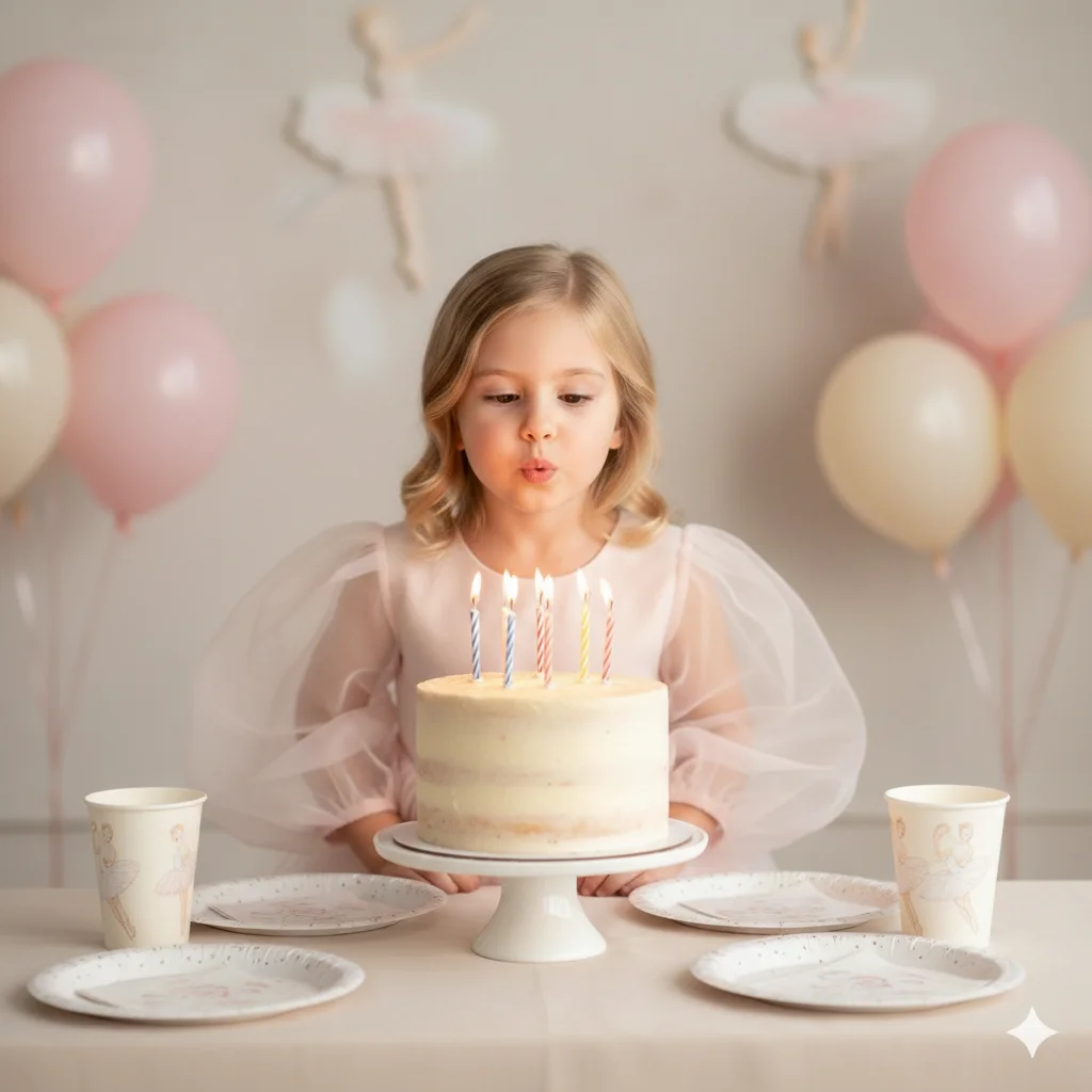 Маленькая девочка в светло-розовом платье задувает свечи на торте за праздничным столом