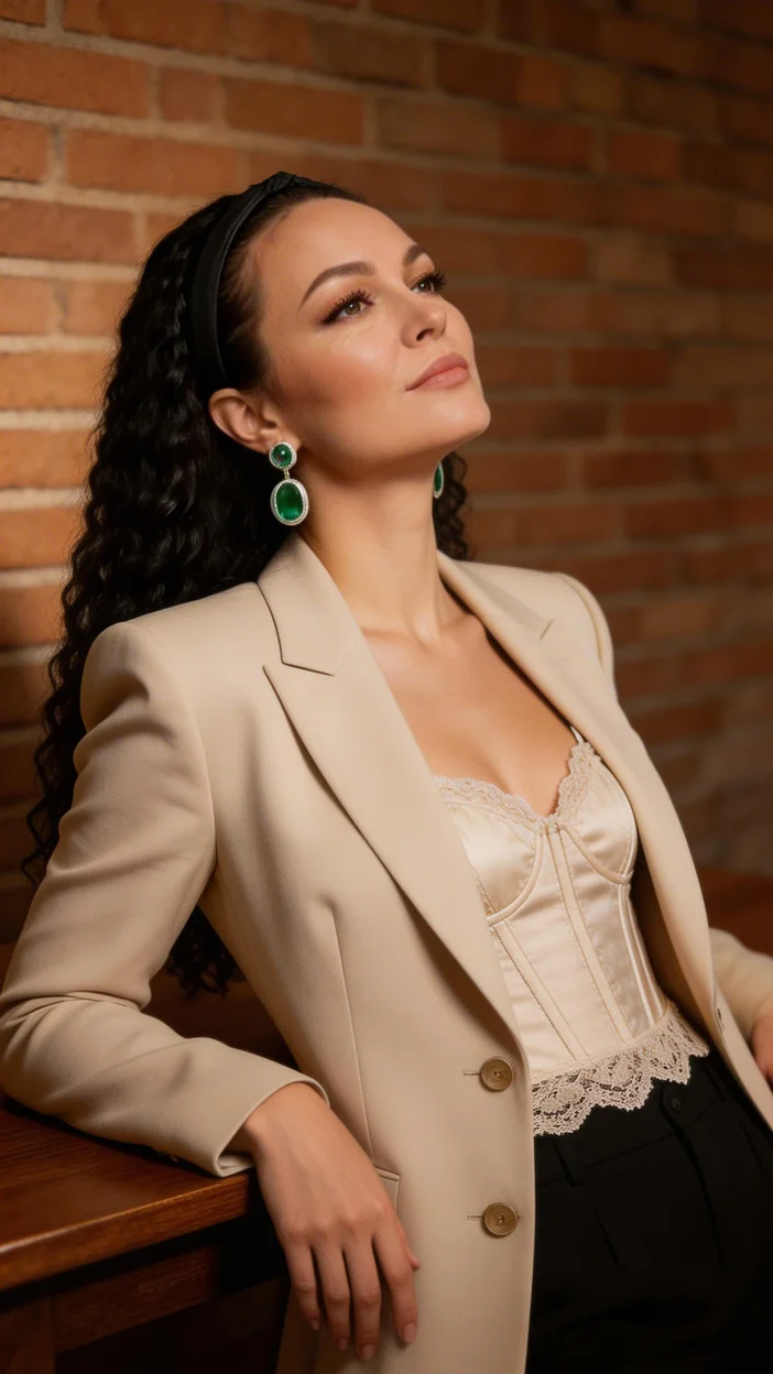  Девушка в интерьере на столе в светлом жакете 