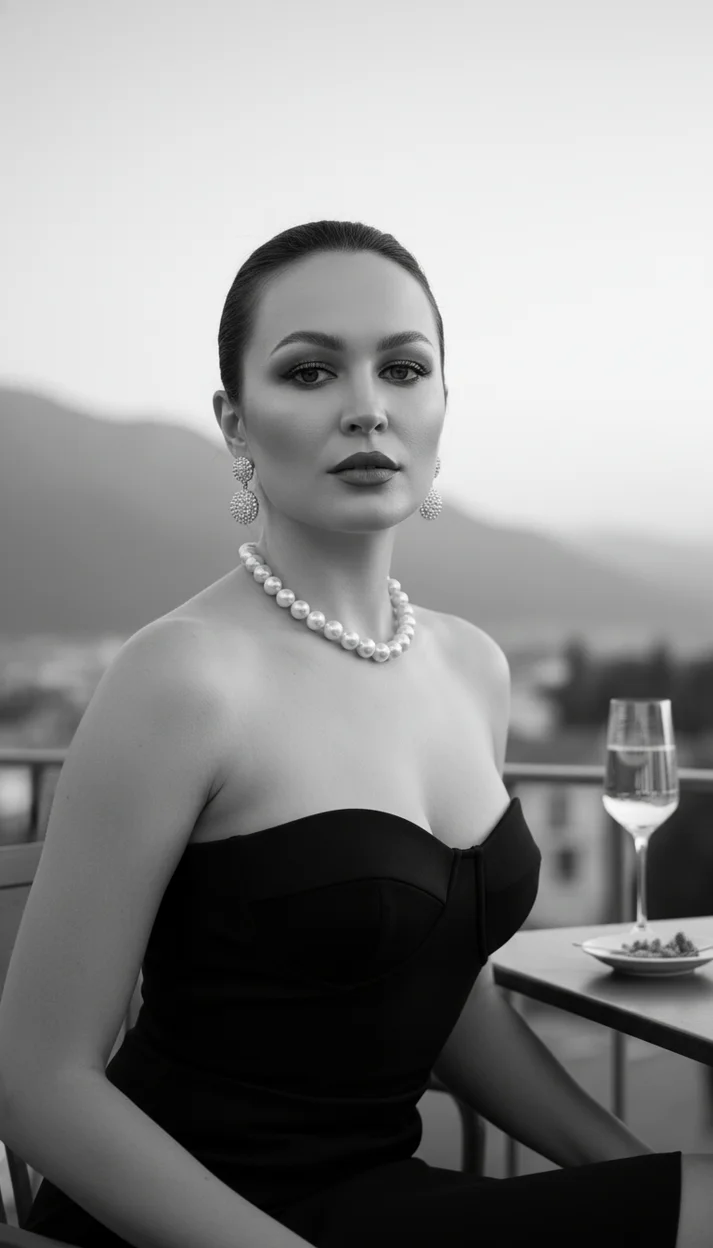  Девушка в чёрно-белом портрете с жемчугом сидит у стола с бокалом