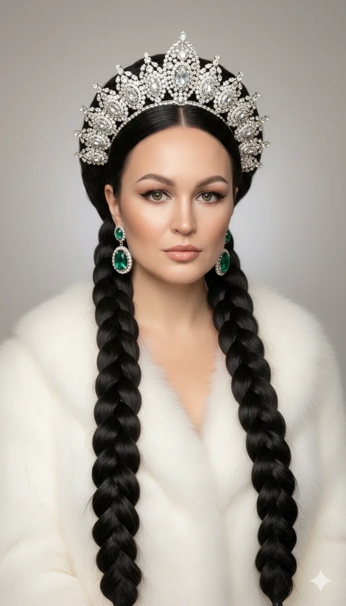 Царственная укладка с массивными симметричными косами и объёмным венцом вокруг 