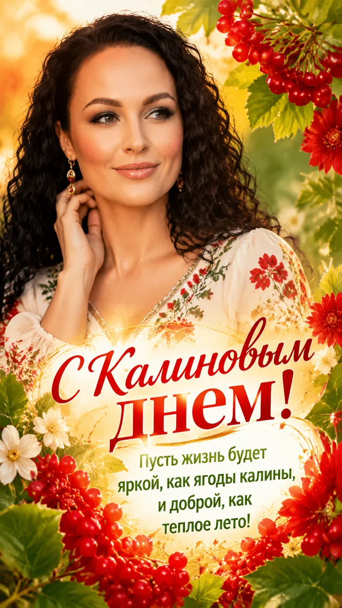 Фотооткрытка праздничная с текстом «С Калиновым днем! Пусть жизнь будет яркой, как ягоды калины, и доброй, как теплое лето!»