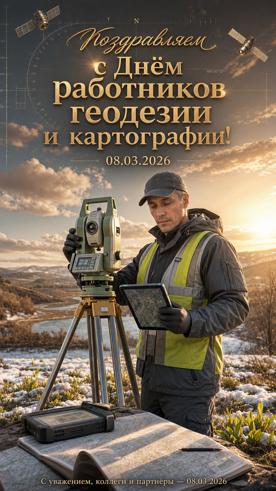 День работников геодезии и картографии — 08.03.2026 — премиальная полевой портретная открытка