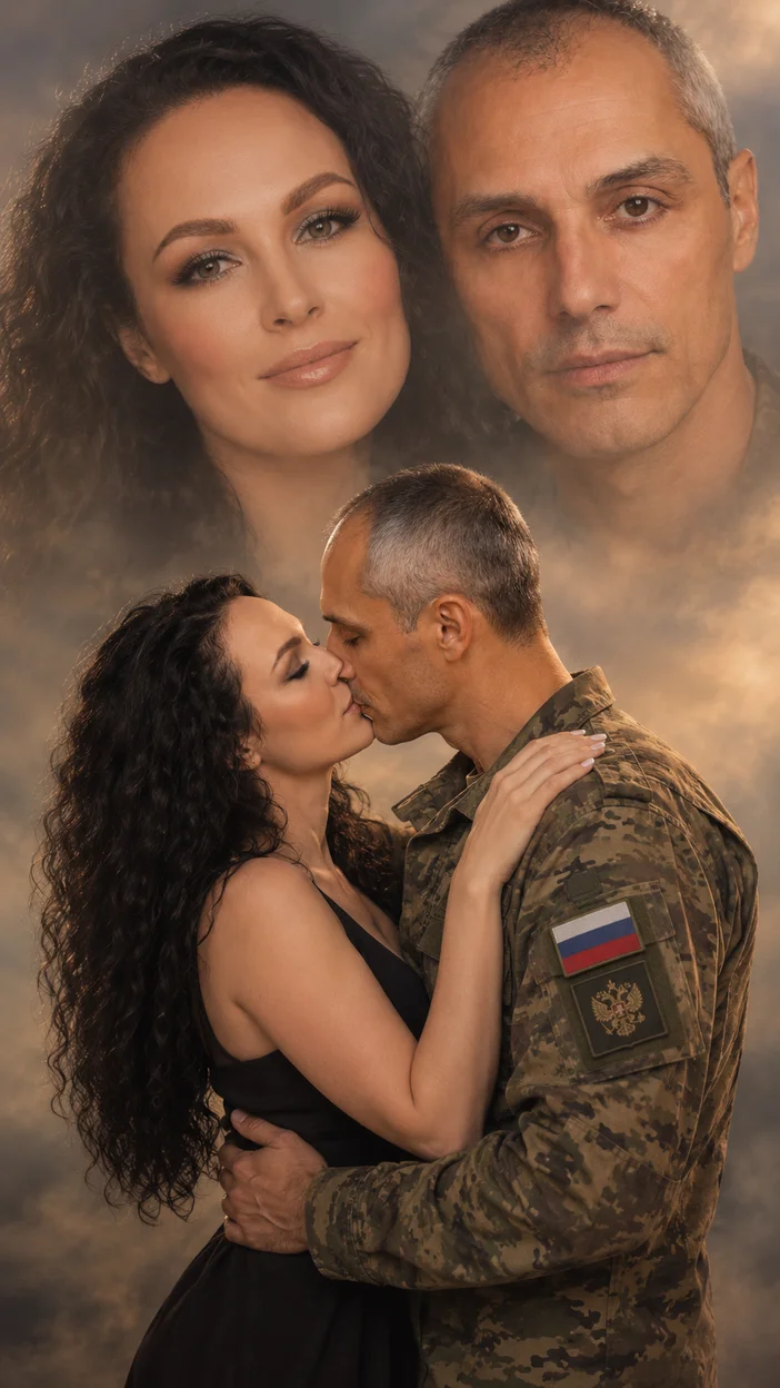 Фотосессия романтический двойной портрет мужчина в русской военной форме и женщина в тёмном платье — двойная экспозиция