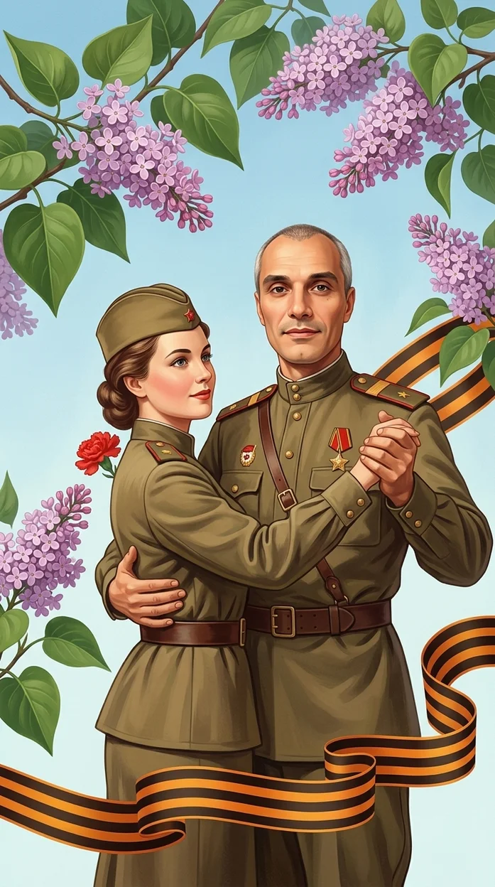 Ретро открытка Победы с танцем и сиренью