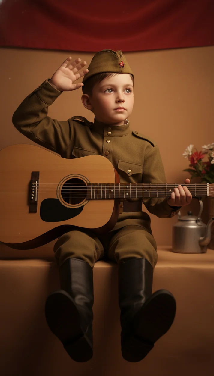  Ребёнок в военной форме с гитарой сидит у стены