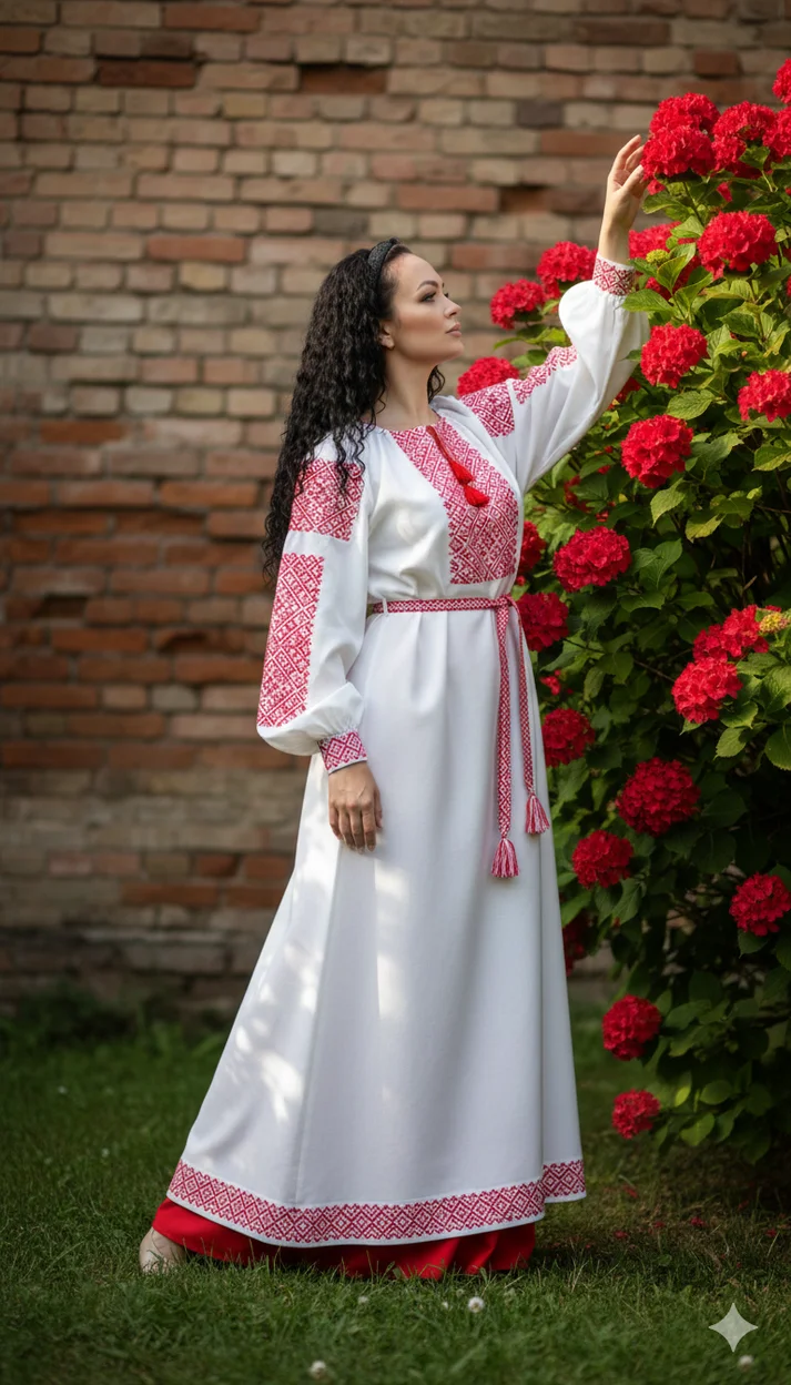 Женщина в белом вышитом платье у цветущего куста