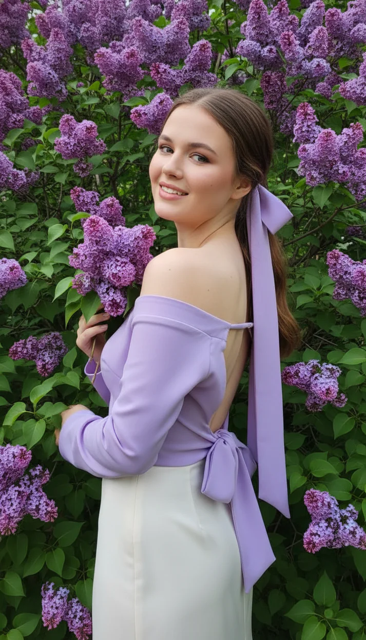Девушка среди сирени в лавандовом топе с бантом