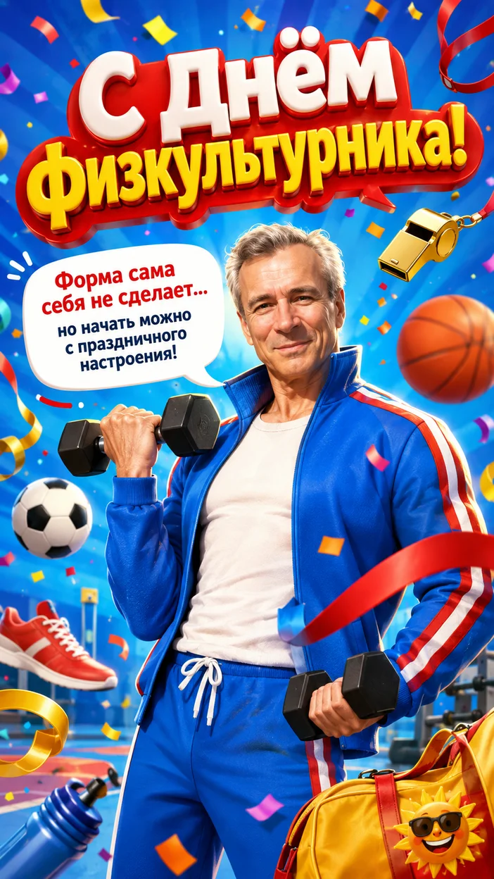 Фотооткрытка ко Дню физкультурника с поздравлением "С Днём физкультурника!"