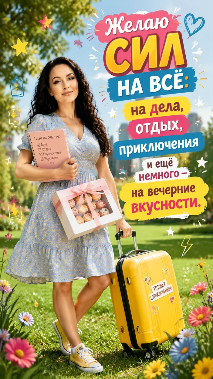 Фотооткрытка для тебя с пожеланием "Желаю сил на всё: на дела, отдых, приключения и ещё немного — на вечерние вкусности."