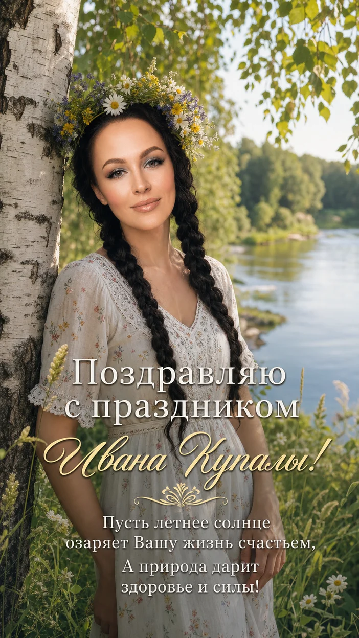 Фотосессия молодой женщины у берёзы с ромашковым венком